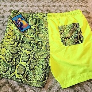 Surf Society Swimwear Neon Yellow Snakeskin Print Board Shorts NWT XL